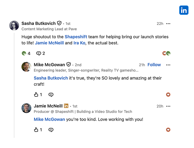 LinkedIn quote from Sasha Butkovich praising Shapeshift for bringing Pave launch stories to life.